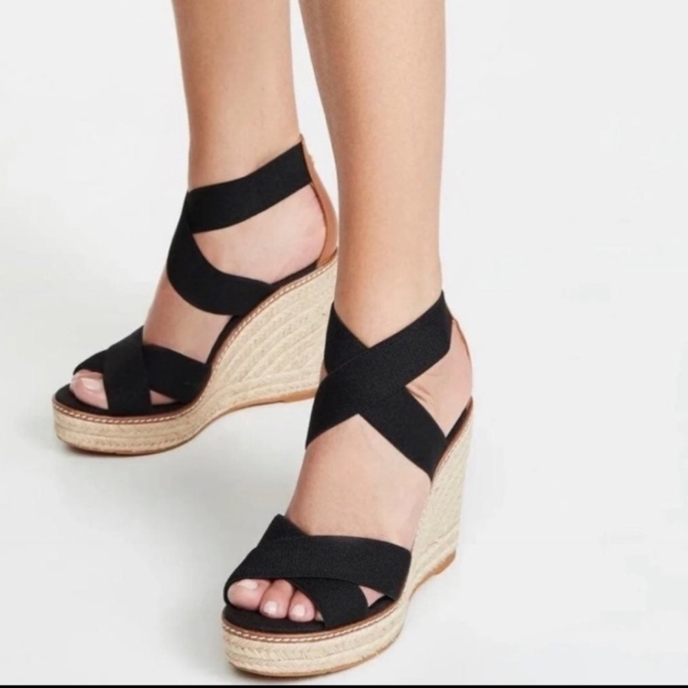 Tory Burch Adonis Elastic High Wedge  Espadrilles Black Sz 8 NEW